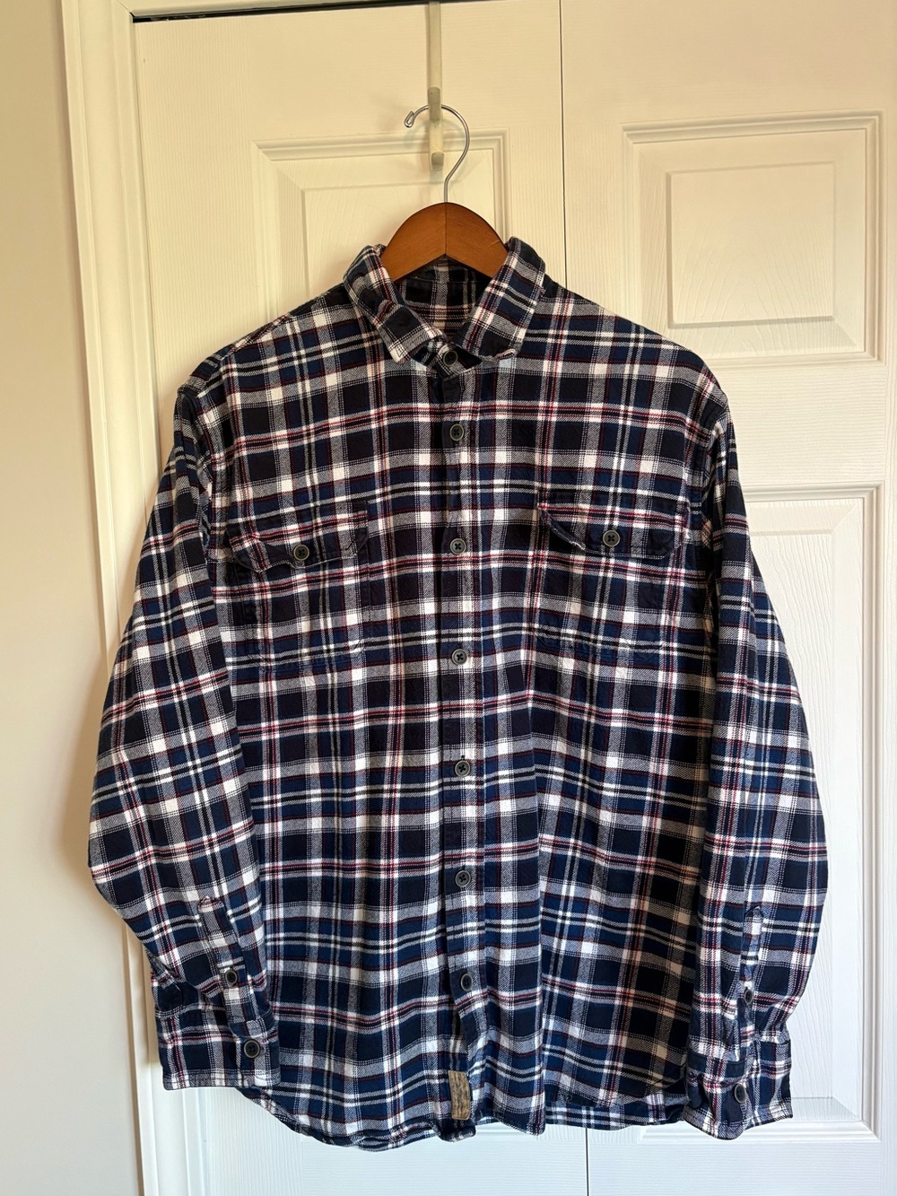 JACHS Men's L Blue/White/Red Plaid Flannel Button-Up Shirt Long Sleeve Pockets